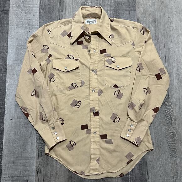 VTG 1970s Hippie Disco Pearl Snap Permanent Press Face Print MOD Collared Shirt - Picture 1 of 4